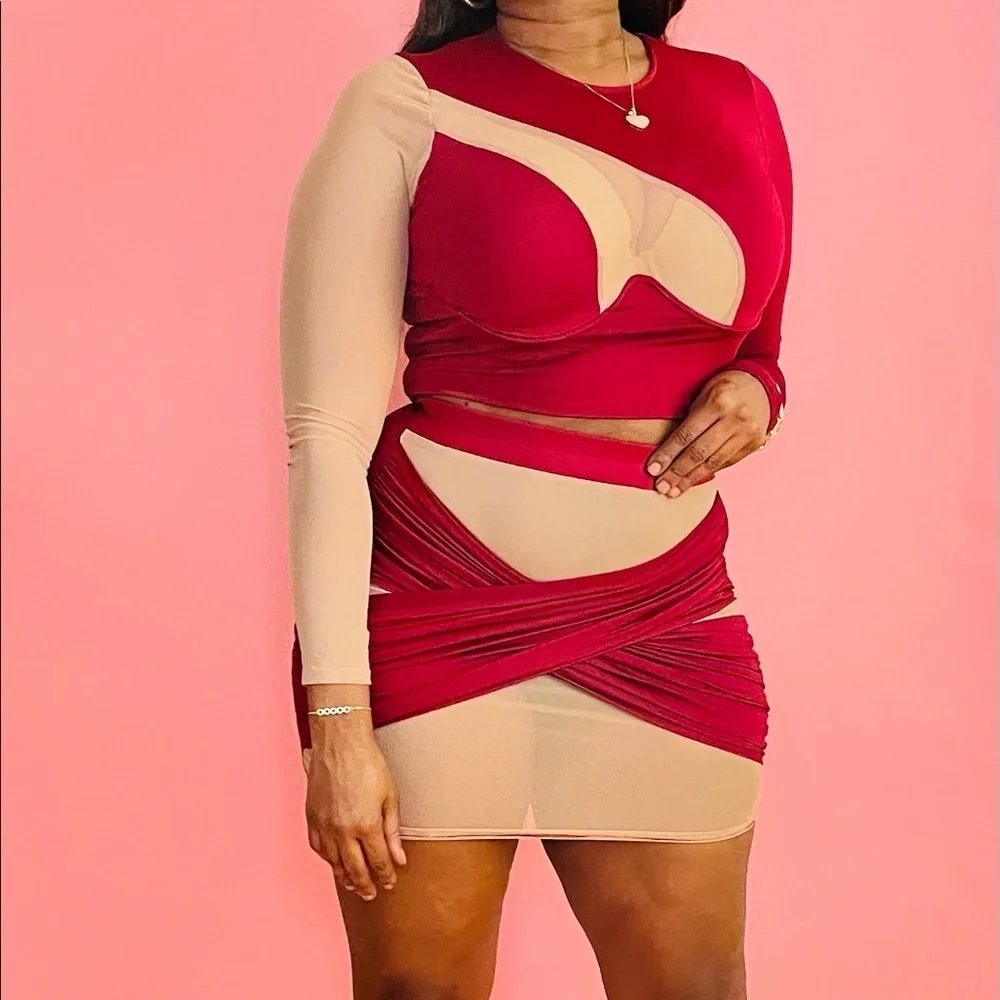 NEW TRENDY LONG SLEEVE WIRE BRA CROP TOP AND MIDI MESH BODYCON SKIRT SET
